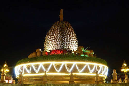Giant durian sculpture in centre of roundabout in Kampot, Cambodia