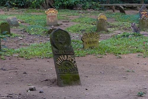 Gravestones and monkey at Ubud Monkey Forest, Bali