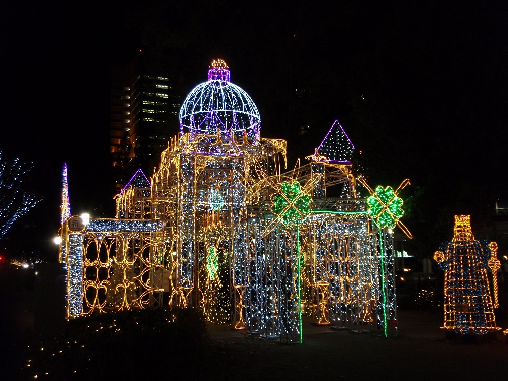 Fairytale castle made of lights at Hiroshima Dreamination, Japan