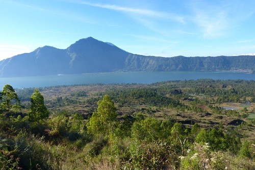 View from Mount Batur to Lake Batur and Mount Agung beyond in Bali, Indonesia