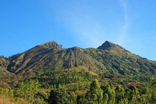 Verdant peak and crater of Mount Batur in Bali, Indonesia