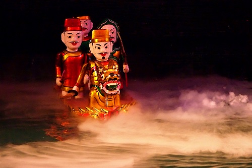 Puppets in a boat at Thang Long Water Puppet Theatre in Hanoi, Vietnam