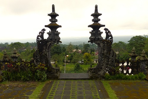 Ornate gates and view at Pura Besakih temple in Bali, Indonesia
