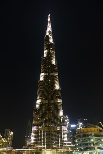 The Burj Khalifa lit up at night in Dubai, UAE