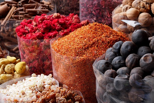 Bags of spices at Deira souk in Dubai, UAE
