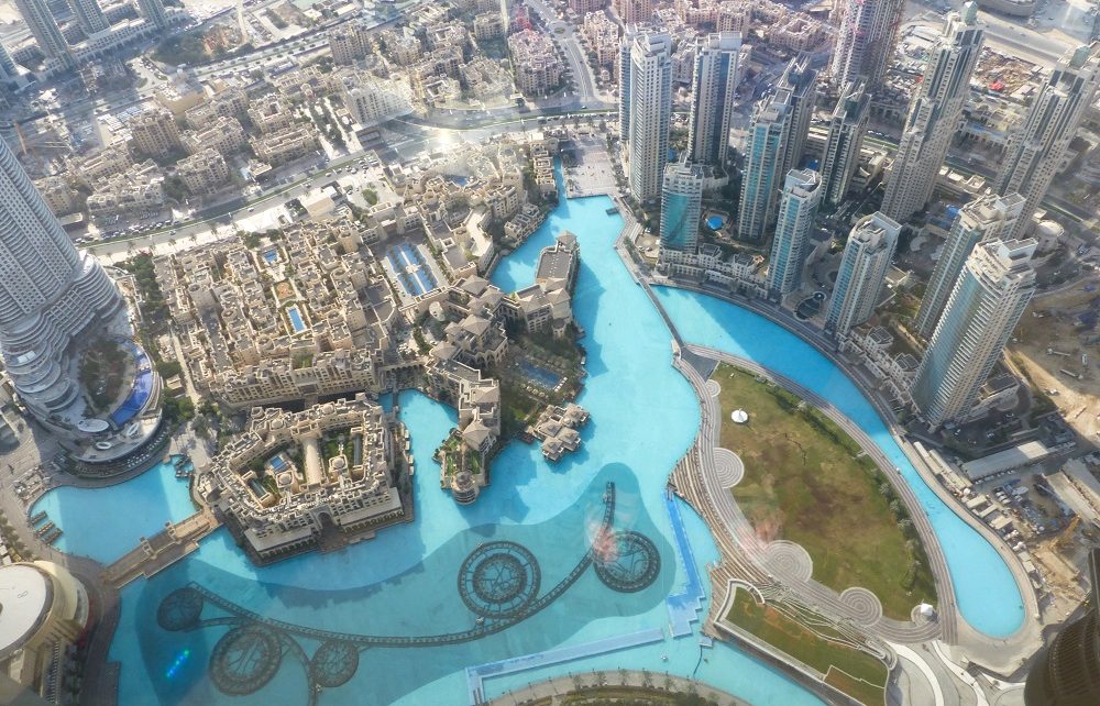 View of Dubai Fountain and Downtown Dubai from Burj Khalifa in UAE