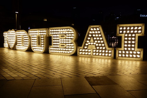 Illuminated I love Dubai sign at Dubai Mall, UAE