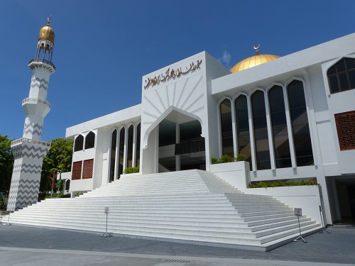 Pristine white Grand Friday Mosque in Male, Maldives