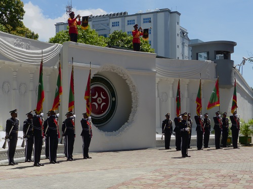 Soldiers at flag raising ceremony in Male, Maldives