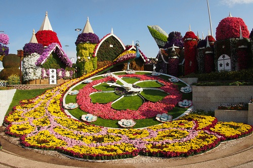 Flower peacock and clock at Dubai Miracle Garden, UAE