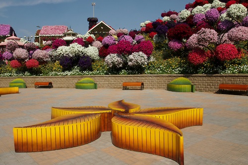 Leaf-shaped benches in Dubai Miracle Garden, UAE