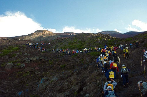 School kids climbing Mount Fuji, Japan