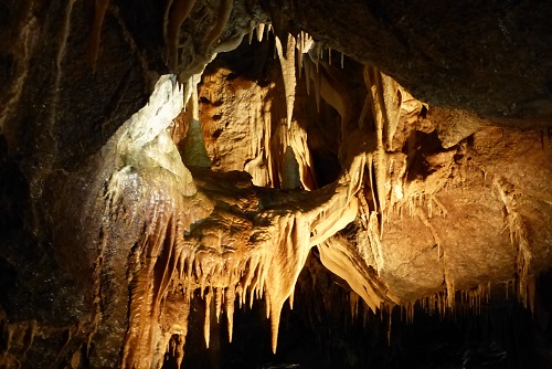 Stalactites, stalagmites, column, flowstone and bacon at Marble Arch Caves in Northern Ireland