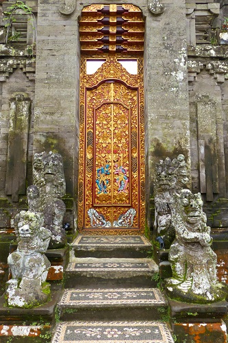 Ornate doorway and steps and Ulun Danu Bratan Temple in Bali, Indonesia