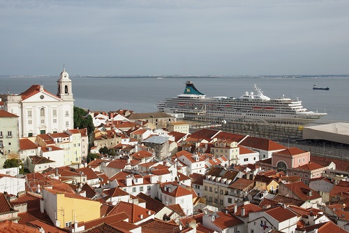 View of the Alfama and cruise ship on the river seen from Miradouro de Santa Luzia viewpoint in Lisbon, Portugal