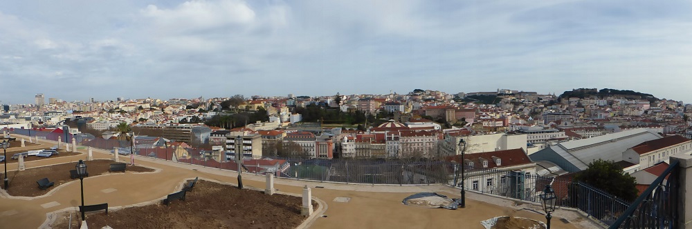 Panorama of the viewpoint at Miradouro de Sao Pedro de Alcantara in Lisbon, Portugal