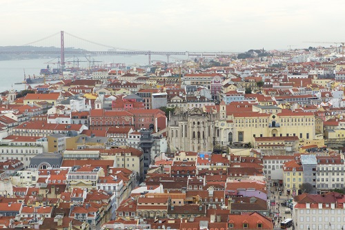 View over Se cathedral and 25 of April bridge from Sao Jorge Castle in Lisbon, Portugal