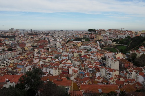 View over colourful houses from Sao Jorge Castle, Lisbon, Portugal