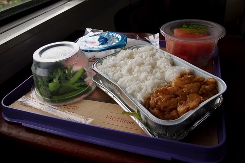 Chicken and rice meal on train in Vietnam